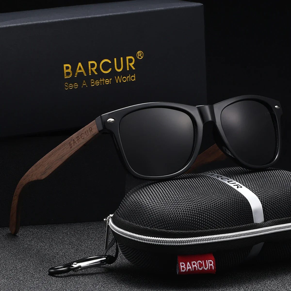 Black sunglasses with wooden arm on a dark surface, featuring BARCUR branding.