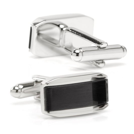 Silver Rectangular Cufflink with Dark Gray Cats Eye