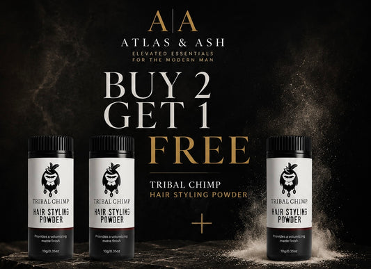 Atlas & Ash Tribal Chimp hair styling powder with promotional text on a dark background