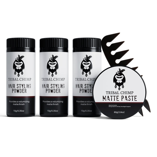 Tribal Chimp hair styling products including powder and matte paste on a white background