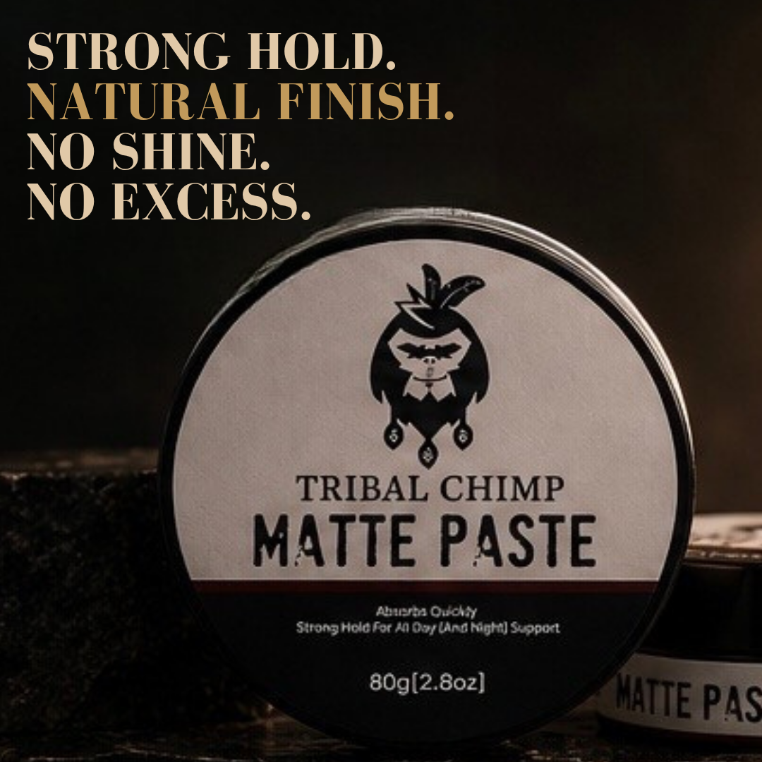Tub of Tribal Chimp Matte Paste with text on a dark background