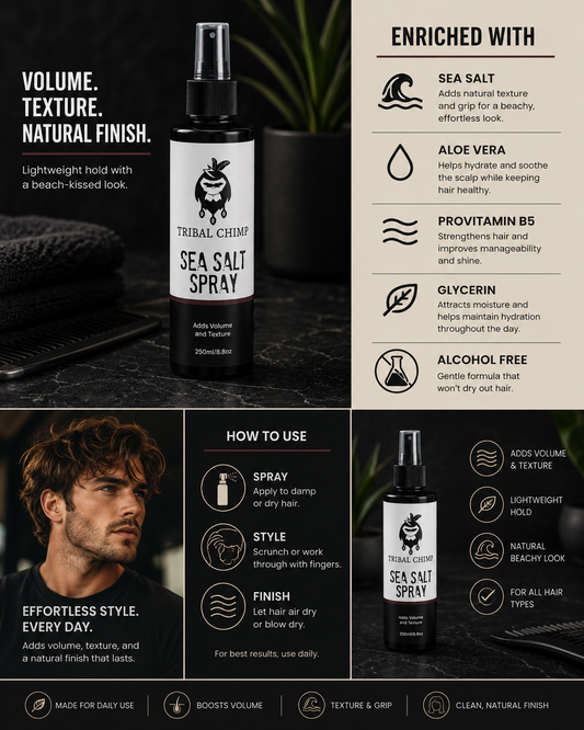 Tribal Chimp Sea Salt Spray bottle with product details and usage instructions on a dark background.