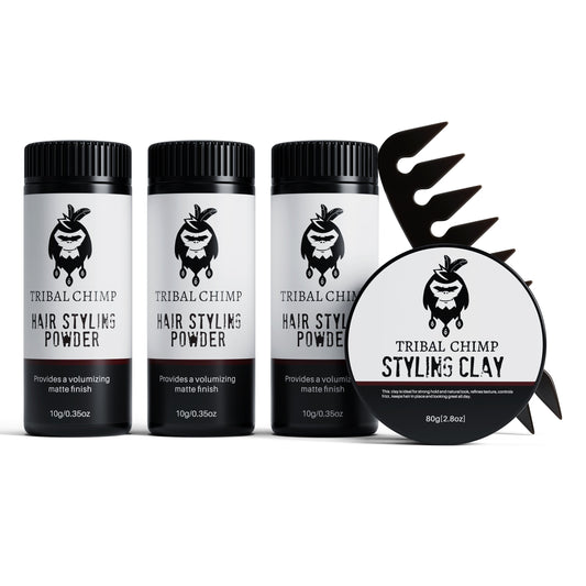 Tribal Chimp hair styling products including powder and clay on a white background