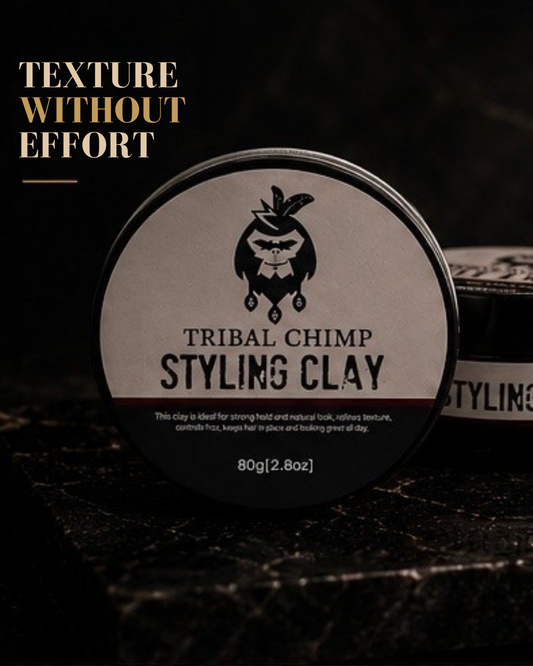 Tribal Chimp Styling Clay container with text 'Texture Without Effort' on a dark background