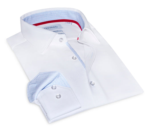 Kenneth// Cotton Knit-Stretch Button-Up Shirt With Contrast Details // White // Tailored Fit (Fitted)