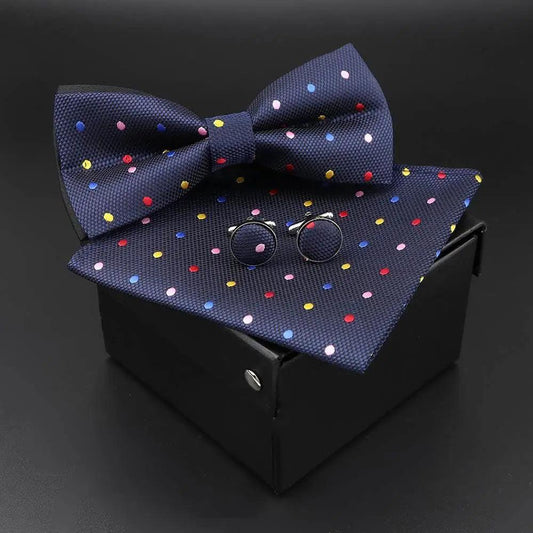 Trendy Tiny Dots Print Bowtie With Pocket Square And Cufflinks Set For Men Retro Butterfly Party Wedding Bowties Without Box Stylish Ties Gift
