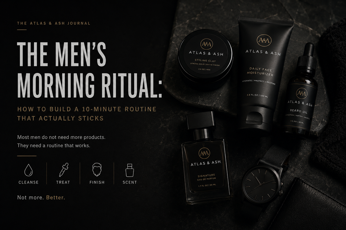 Men’s 10-minute morning grooming routine featuring Atlas & Ash beard oil, styling clay, moisturizer, cologne, and accessories in a dark masculine flat lay.