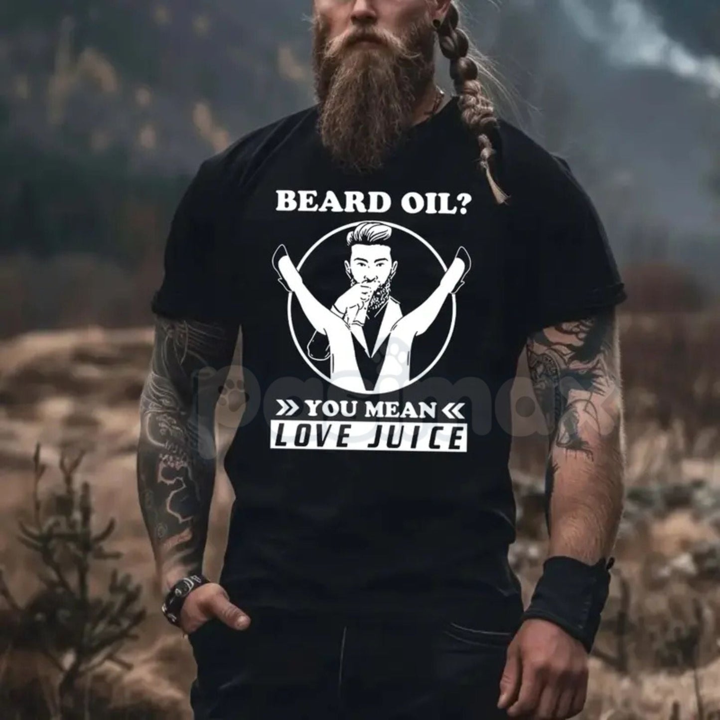 "Beard Oil? You Mean Love Juice" T-Shirt - Funny Men's Beard Grooming Graphic Tee, Sarcastic Facial Hair Humor Shirt, Gag Gift for Bearded Men & Barbers