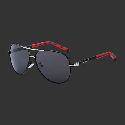 Sunglasses with red and black frame on a white background