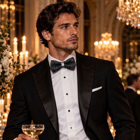 Man at a bar attending a gala with a drink in hand wearing a tuxedo with a sparkling black bow tie.