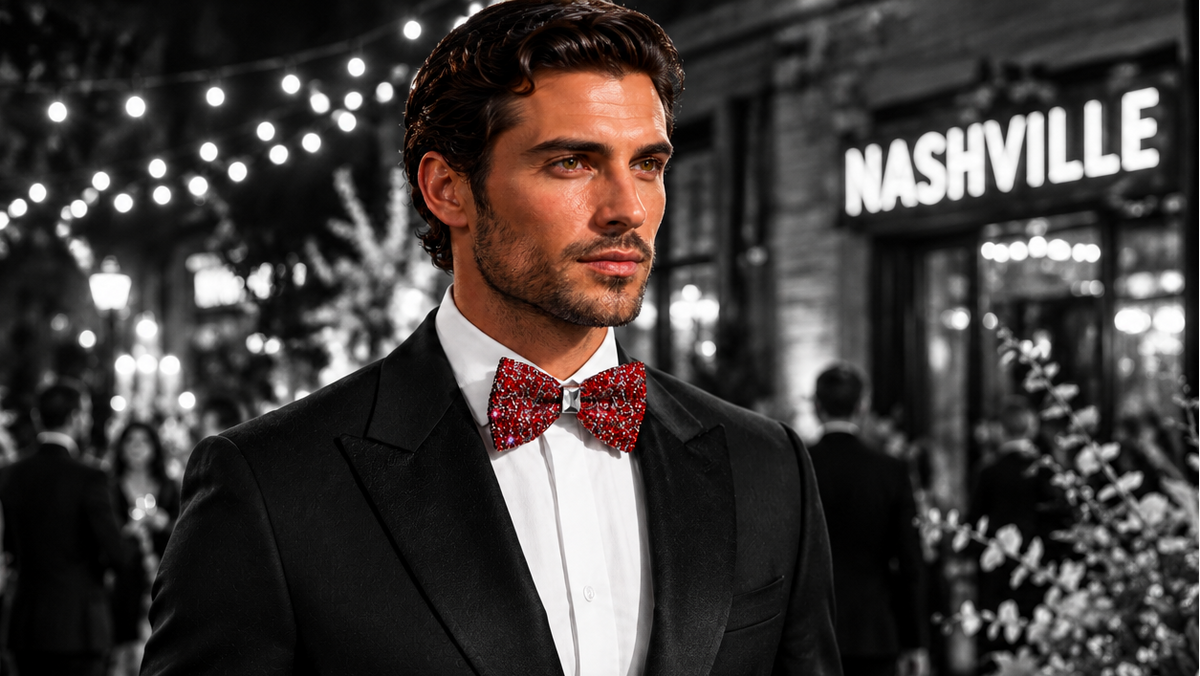 Close up photo of a man at a gala wearing a sparkling red bow tie. the background is is black and white, and the subject is color.