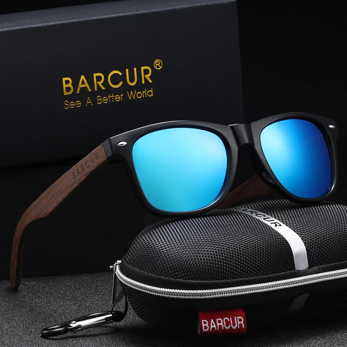 Blue sunglasses with wooden arms on a black background, featuring BARCUR branding.