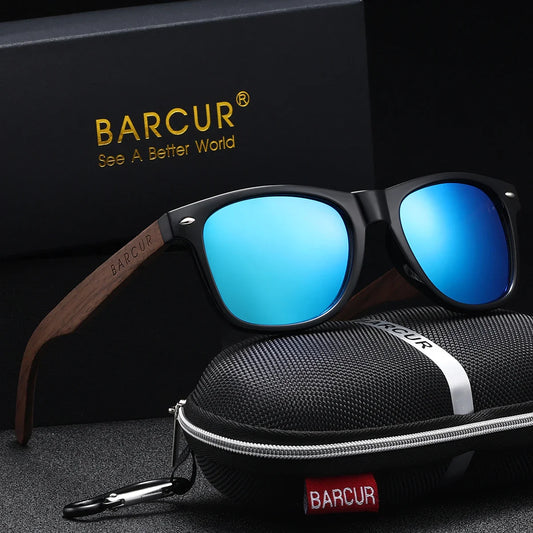 Blue sunglasses with wooden arms on a black background, featuring BARCUR branding.