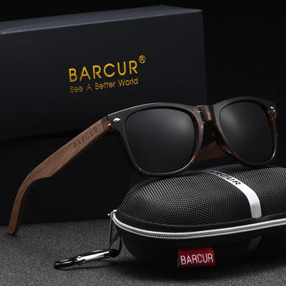Sunglasses with wooden frame and BARCUR branding on a dark background