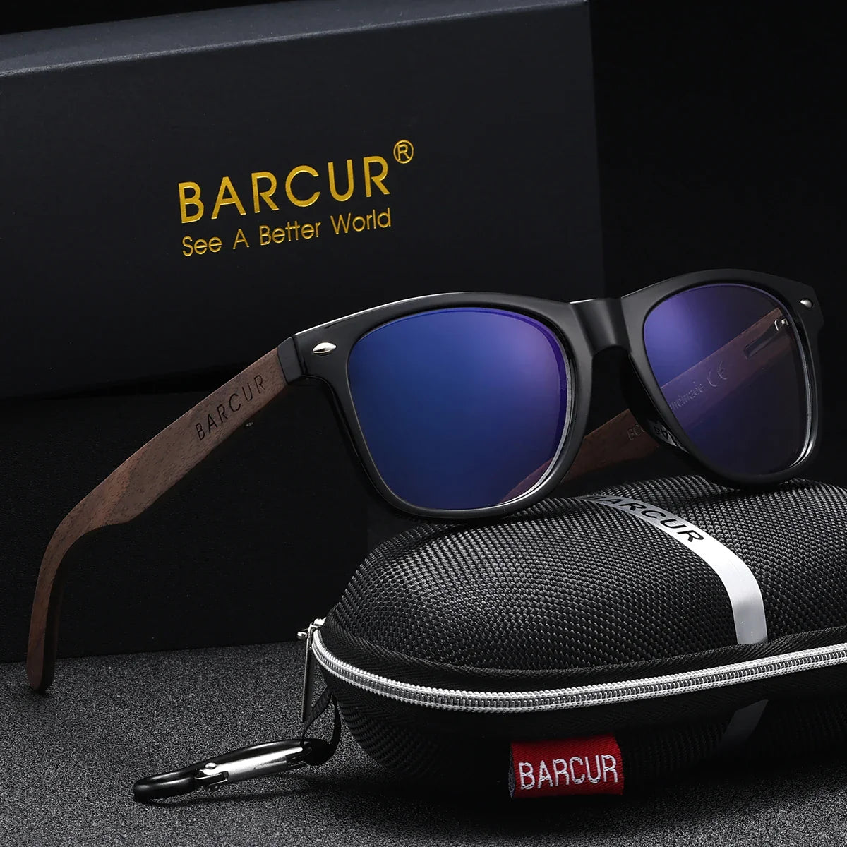 Sunglasses with wooden arms and blue lenses on a black case, with BARCUR branding.