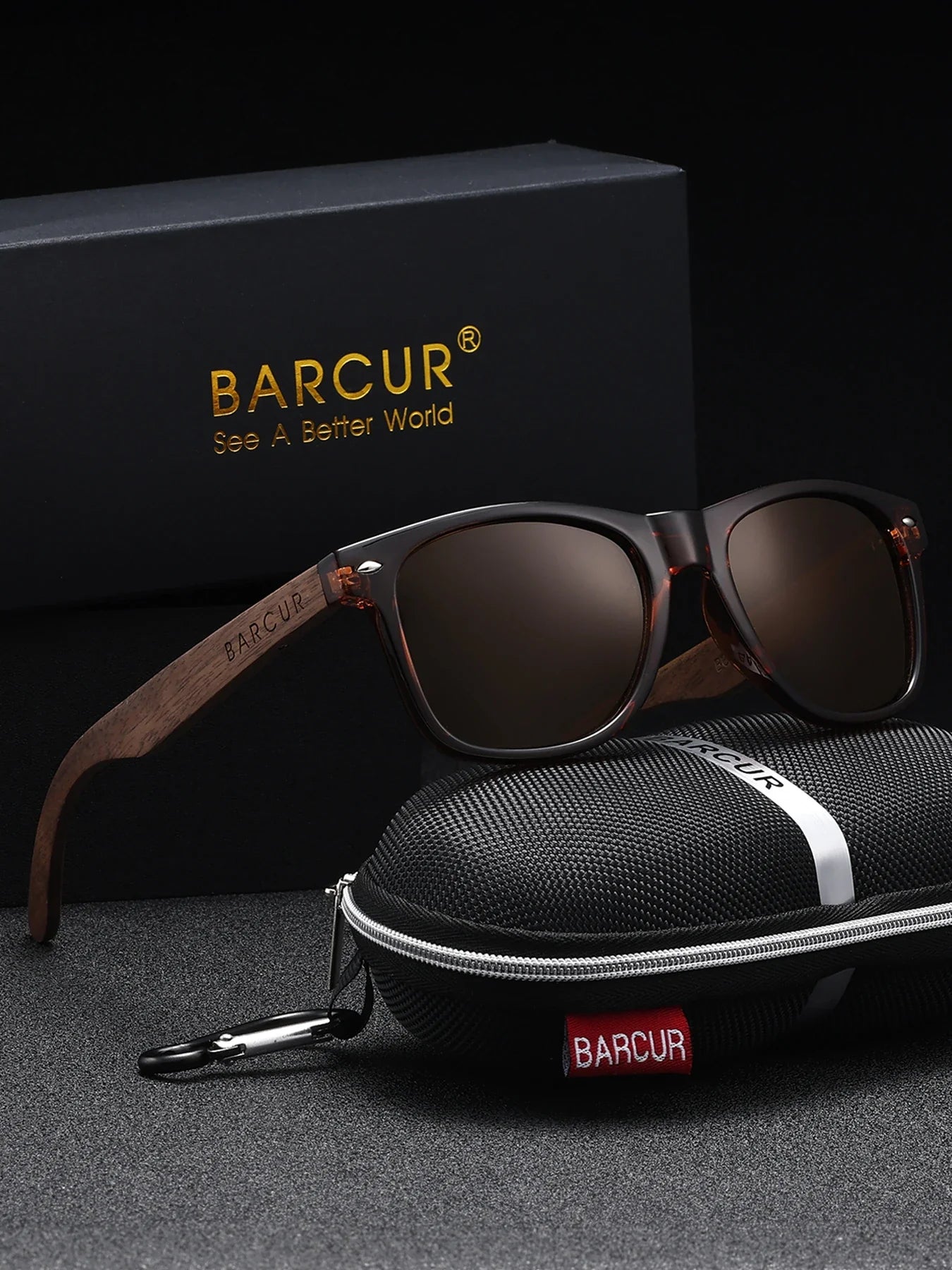 Barcur sunglasses with wooden arms and a carrying case on a dark background