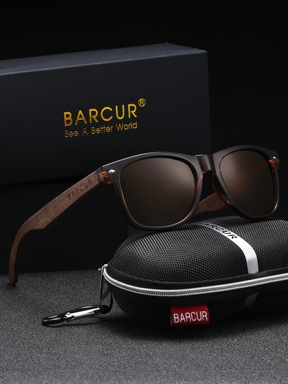 Barcur sunglasses with wooden arms and a carrying case on a dark background