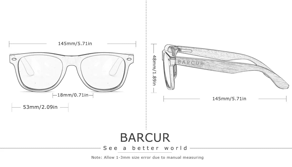 Barcur sunglasses with dimension options on a white background.
