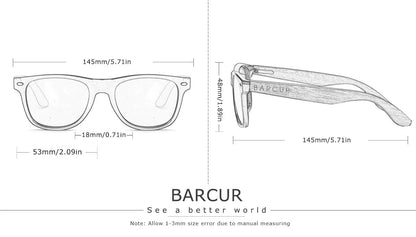 Barcur sunglasses with dimension options on a white background.