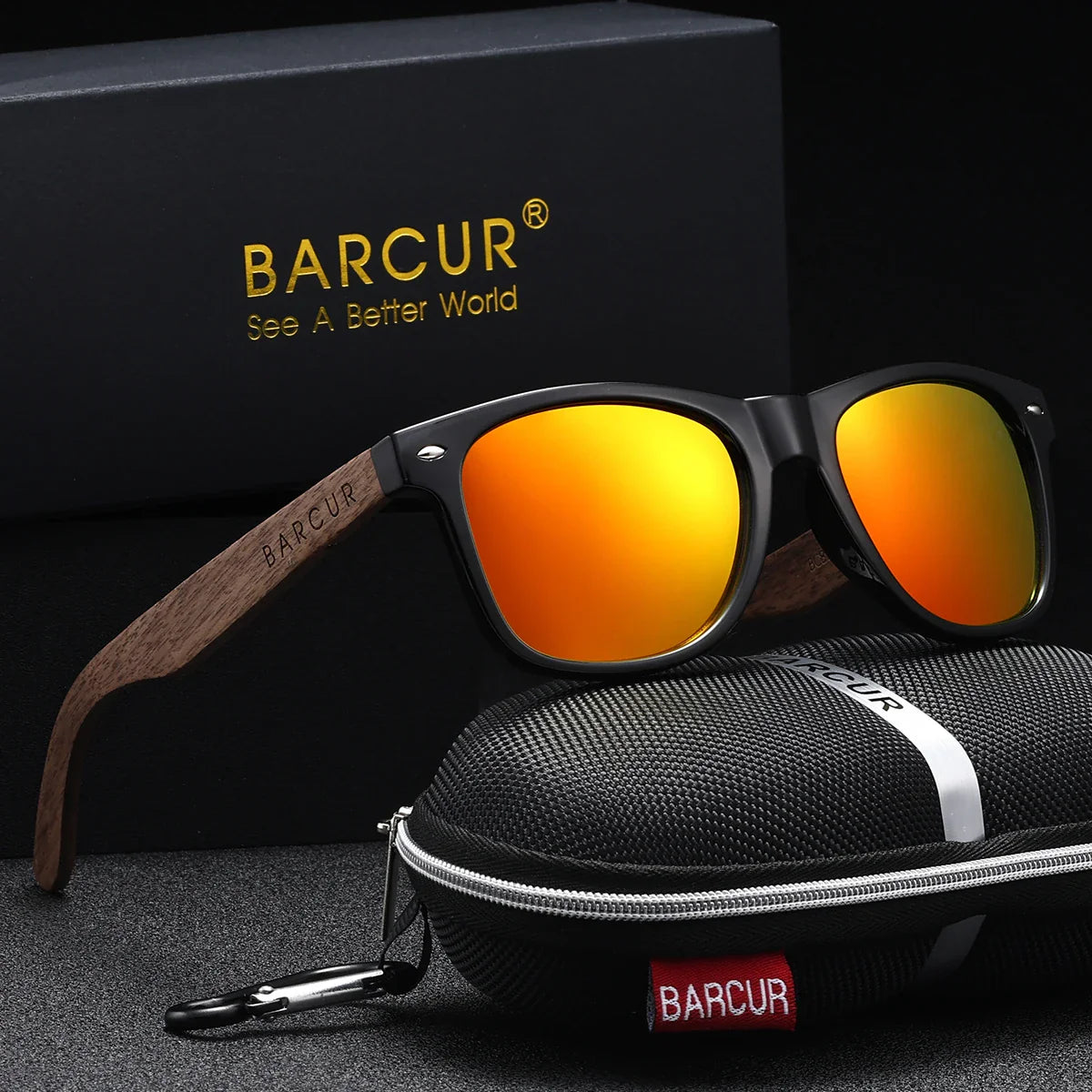 Sunglasses with orange lenses and wooden arms, accompanied by a black carrying case and BARCUR branded box.