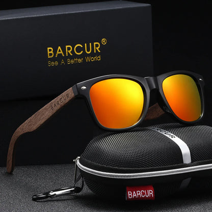 Sunglasses with orange lenses and wooden arms, accompanied by a black carrying case and BARCUR branded box.