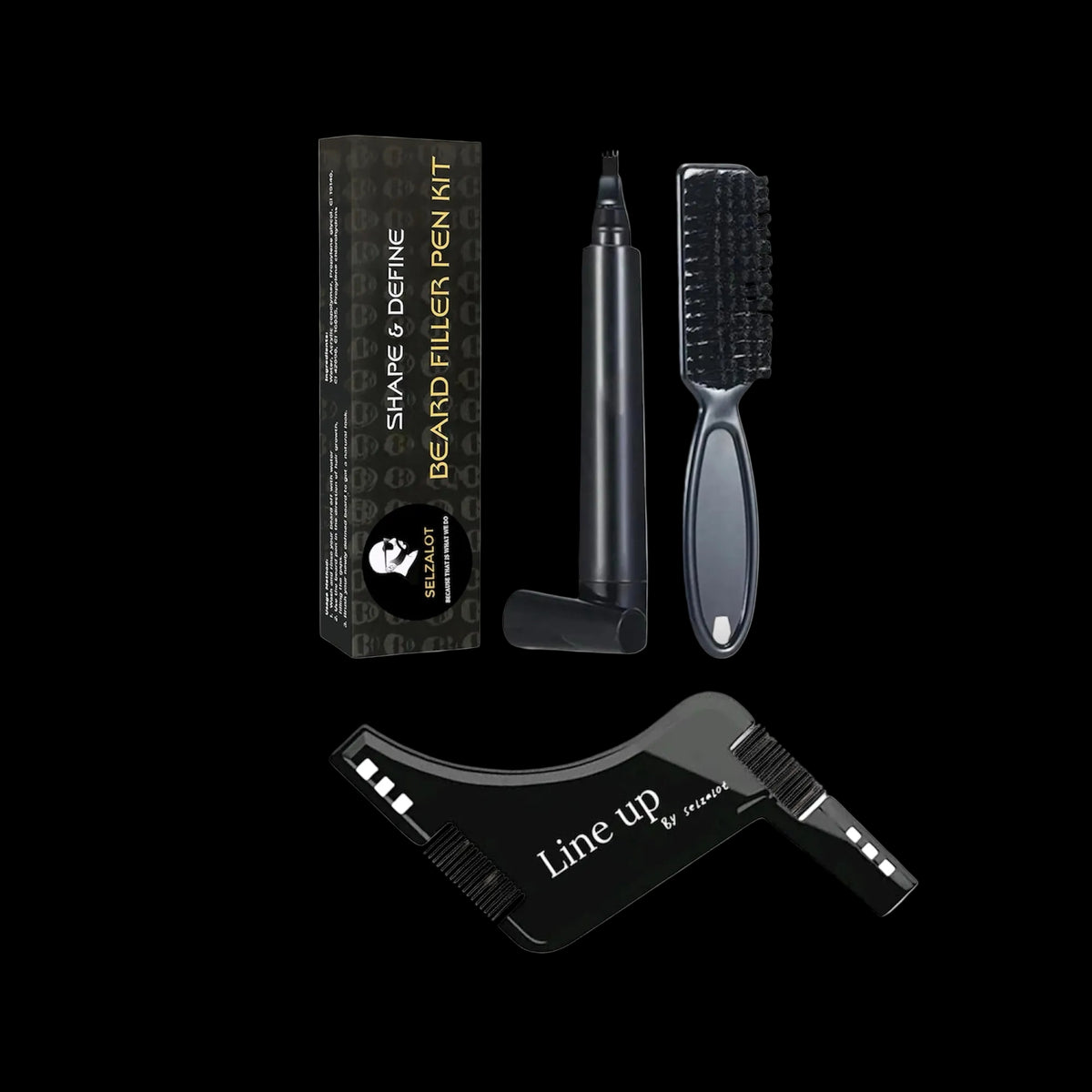 Beard filler pen kit with packaging, pen, brush, and comb on a white background