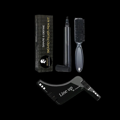 Beard filler pen kit with packaging, pen, brush, and comb on a white background