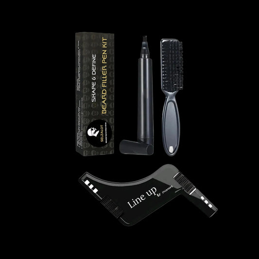 Beard filler pen kit with packaging, pen, brush, and comb on a white background