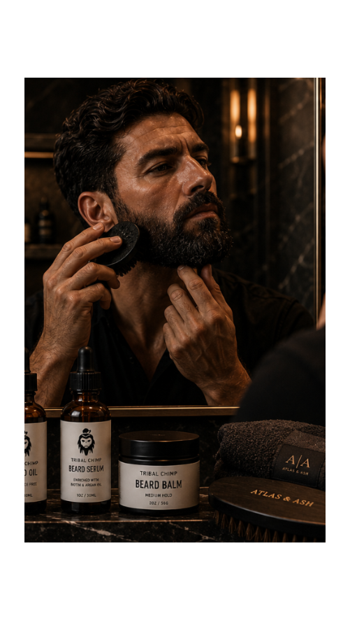 A man applies beard balm to his chin while looking into a mirror, with several beard care products and grooming tools arranged on a dark marble surface in front of him. Visible branding includes Herbal Champ on the bottles and jars and Atlas & Ash on the towel and brush.
