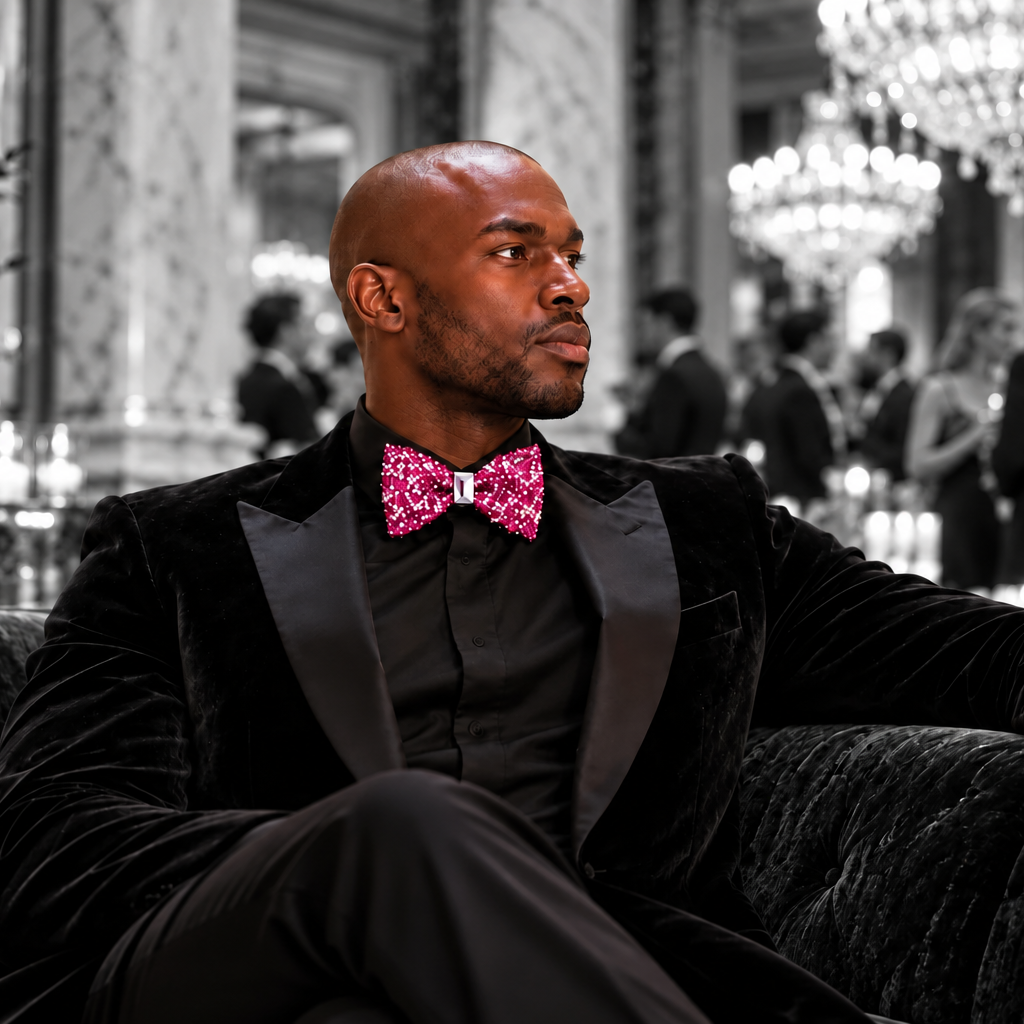 A man wearing a black velvet tuxedo with satin lapels, a black dress shirt, and a purple patterned bow tie, sitting in a luxurious black velvet armchair in a grand, upscale hall with chandeliers.