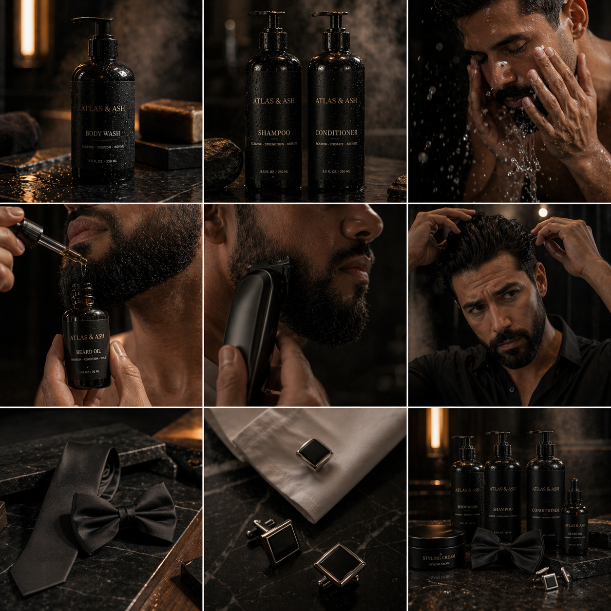 Collage of men's grooming products and rituals with bottles, hair care tools, and accessories.