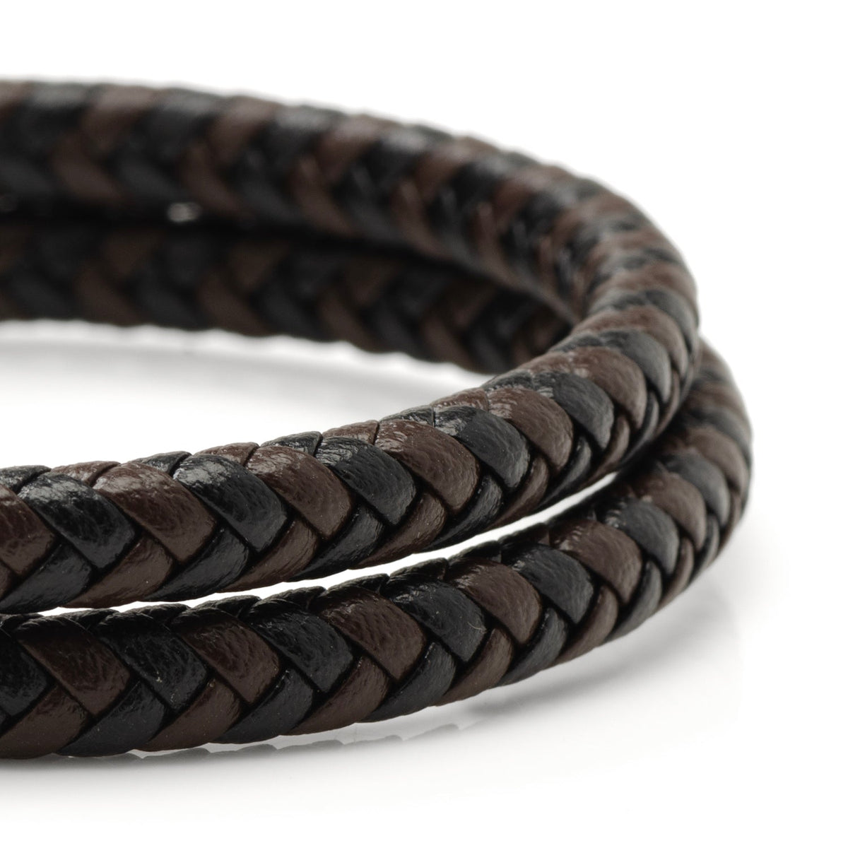 Black and Brown Braided Leather Bracelet with Gunmetal Stainless Steel Magnetic Clasp