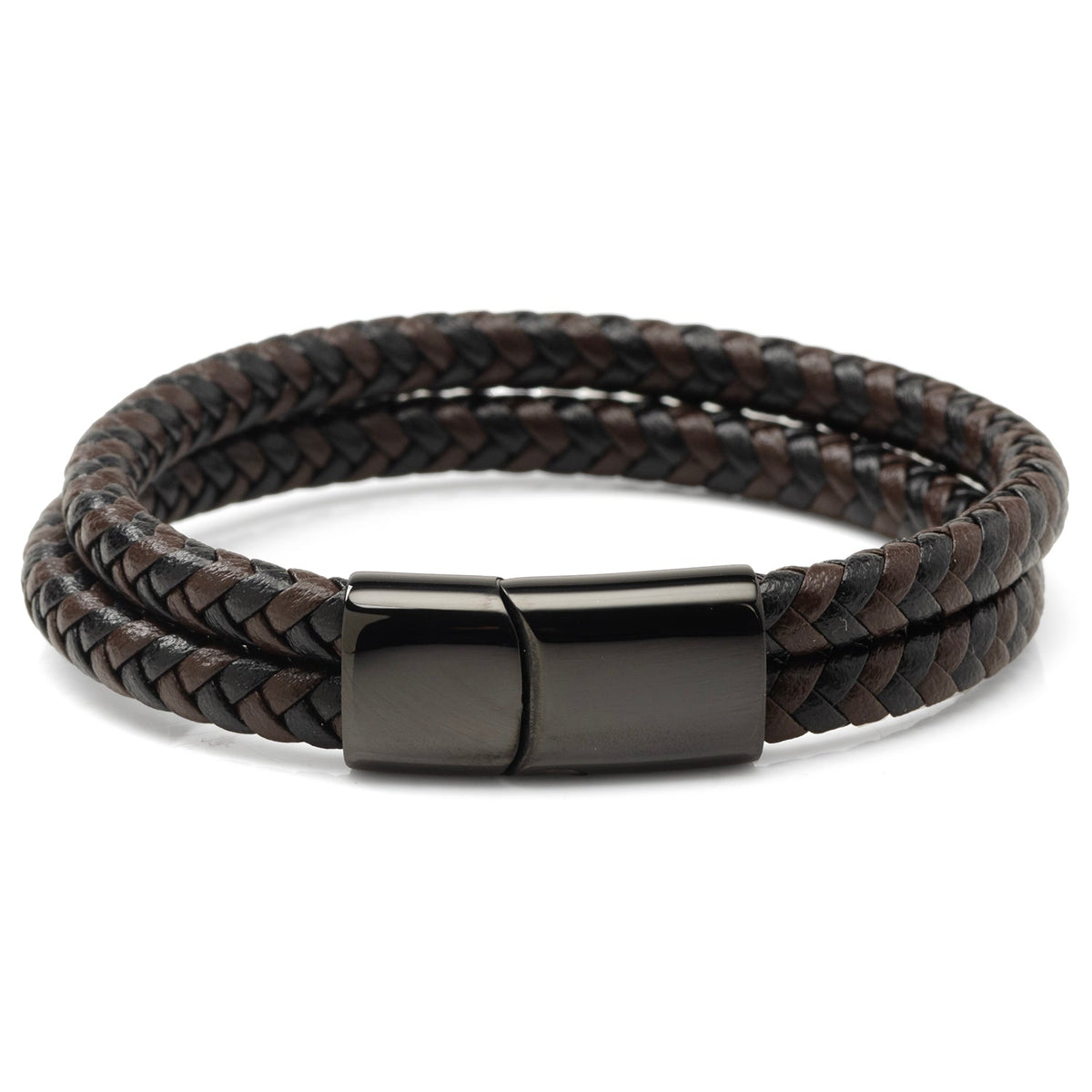 Black and Brown Braided Leather Bracelet with Gunmetal Stainless Steel Magnetic Clasp