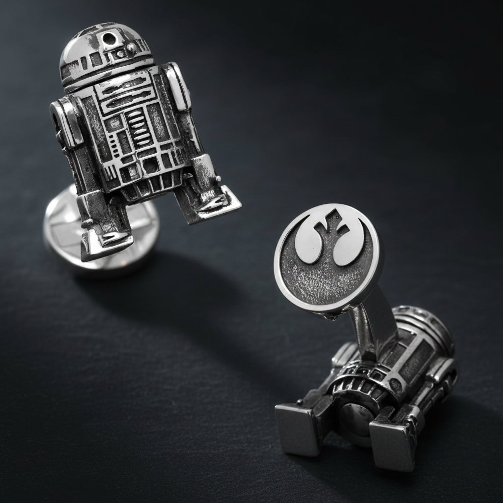 Silver R2-D2 and C3PO cufflinks on a white background