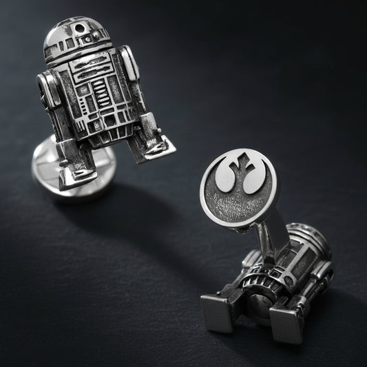 Silver R2-D2 and C3PO cufflinks on a white background