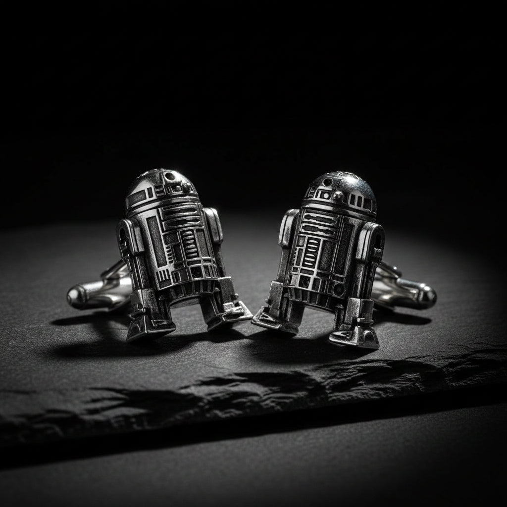 Silver R2-D2 cufflinks on a black flint stone. 