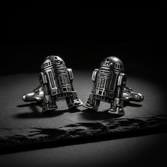 Silver R2-D2 cufflinks on a black flint stone. 