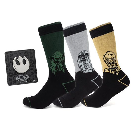 Star Wars Yoda, R2-D2, and C-3PO Dress Socks 3-Pack with Rebel Crest Lapel Pin Gift Set