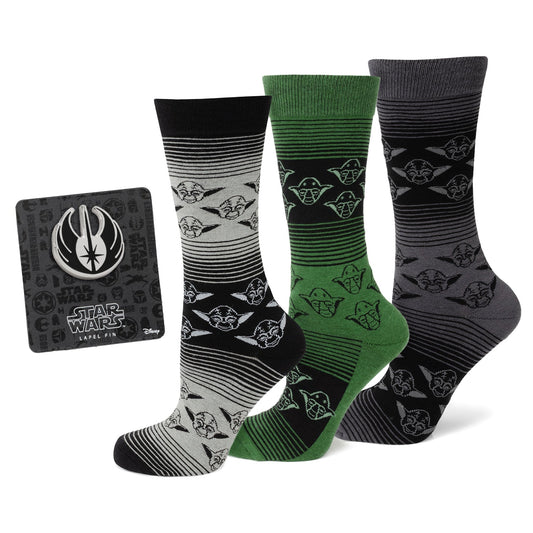 Star Wars Yoda Green, Gray, and Black Ombre Dress Socks and Jedi Crest Lapel Pin Gift Set