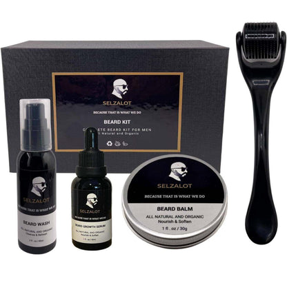 Selzalot beard care kit with beard wash, balm, and other tools on a white background