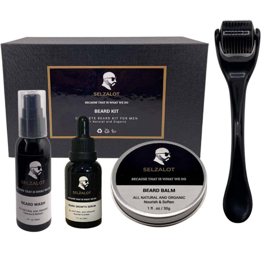 Selzalot beard care kit with beard wash, balm, and other tools on a white background