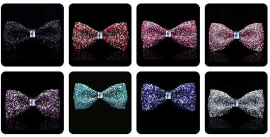 The Signature Crystal Bow Tie Collection with eight color options - Onyx, Ruby, Hot Pink, Rose Gold, Amethyst, Turquoise, Royal Blue, and Silver.
