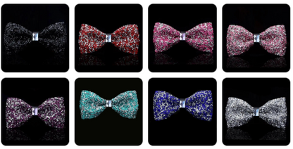 The Signature Crystal Bow Tie Collection with eight color options - Onyx, Ruby, Hot Pink, Rose Gold, Amethyst, Turquoise, Royal Blue, and Silver.
