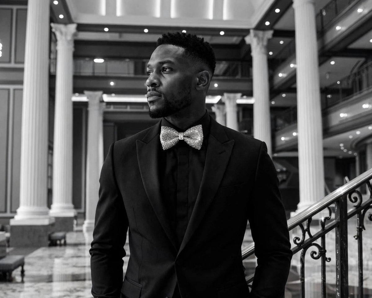 A man in a black tuxedo with a patterned bow tie stands on an indoor staircase in a grand, classical building with columns and a lit ceiling.
