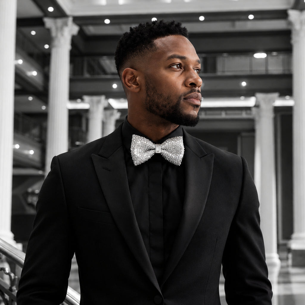 A man in a black tuxedo with a patterned bow tie stands on an indoor staircase in a grand, classical building with columns and a lit ceiling.