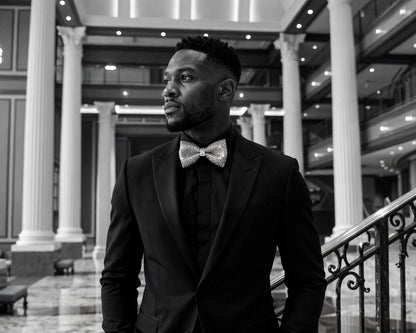 A man in a black tuxedo with a patterned bow tie stands on an indoor staircase in a grand, classical building with columns and a lit ceiling.