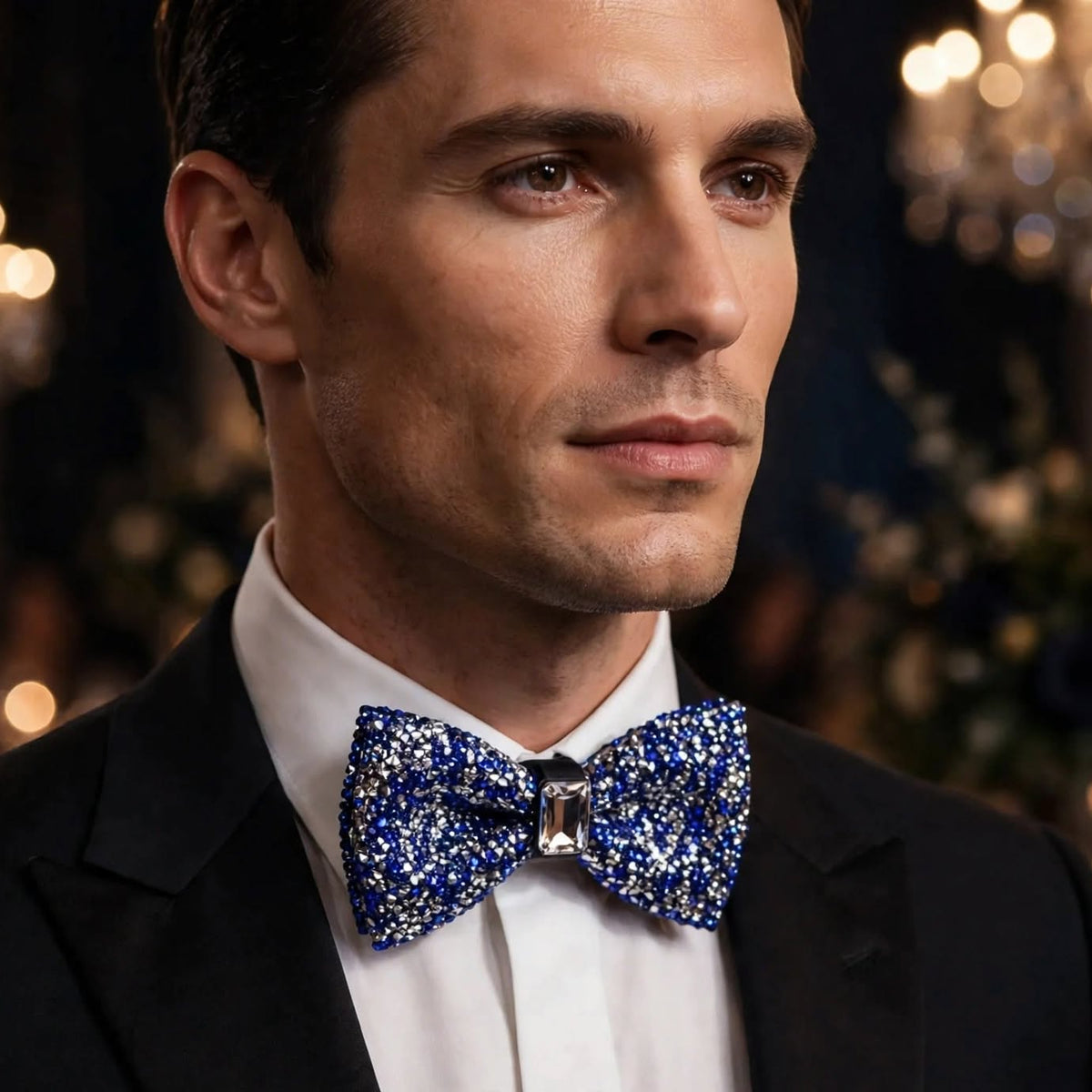 A close-up of a man wearing a black tuxedo jacket, white dress shirt, and a sparkling royal blue sequined bow tie with a silver crystal center.