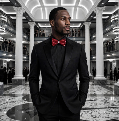 A man in a black tuxedo with a red patterned bow tie stands in a grand, column-filled event hall with a black-and-white marble floor.