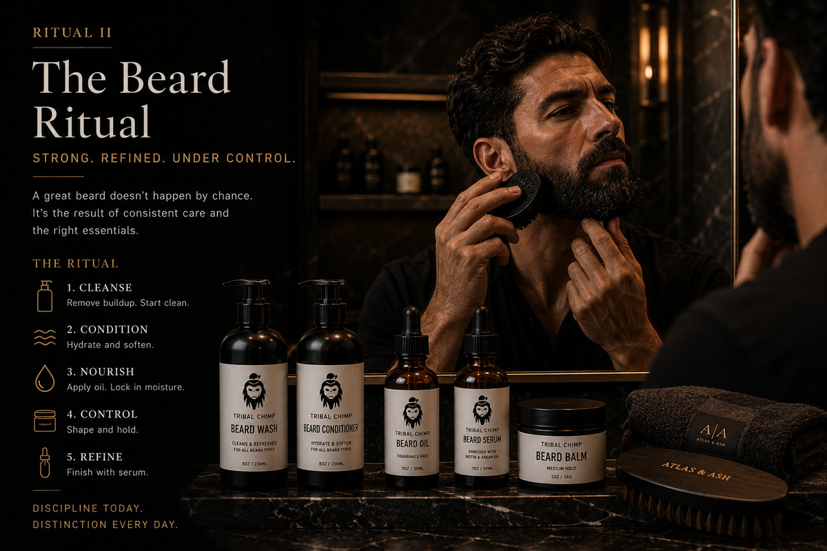 Man grooming with beard care products on a wooden shelf.