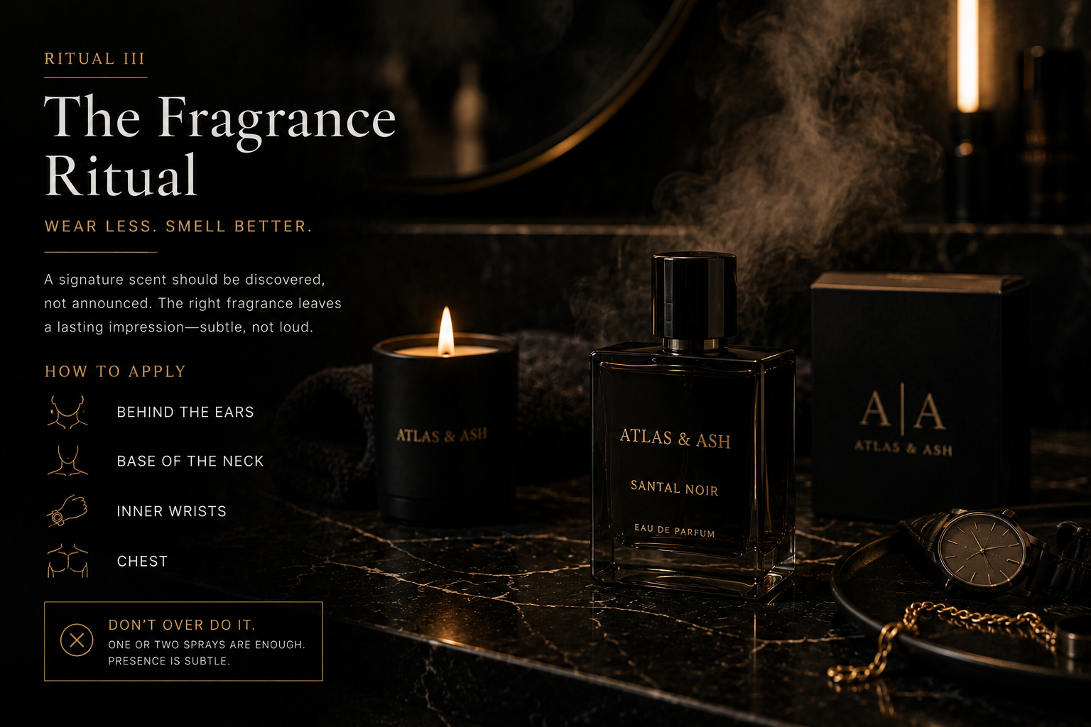 Atlas & Ash fragrance bottle with packaging and candle on a dark surface